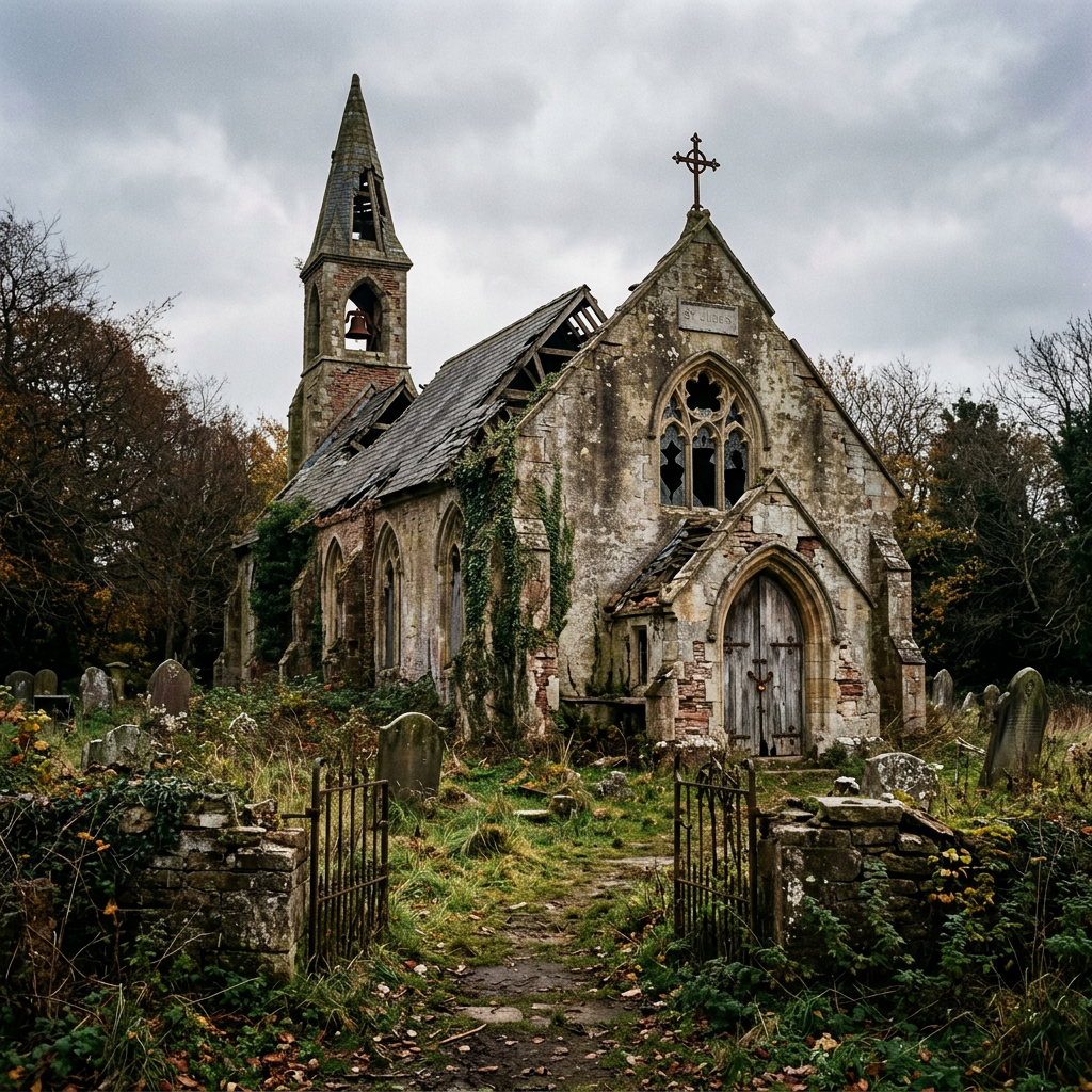 Exterior of a ruined stone church with broken windows and collapsed roof